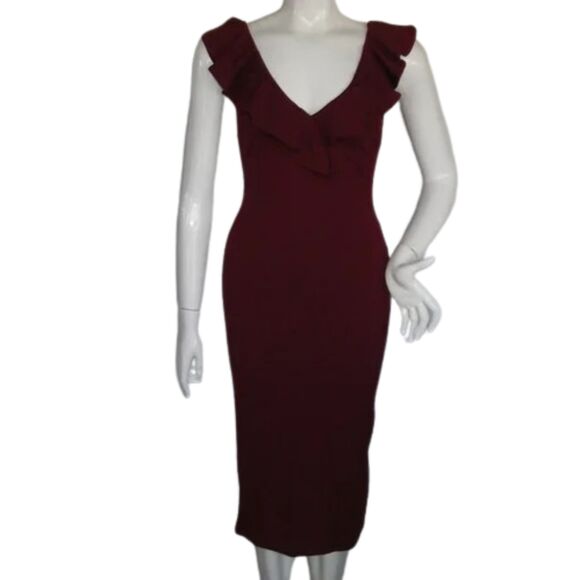 LULU's Dress, S, Burgundy, Ruffle Neck, Sleeveless, Form Fitting, Maroon - Picture 1 of 13